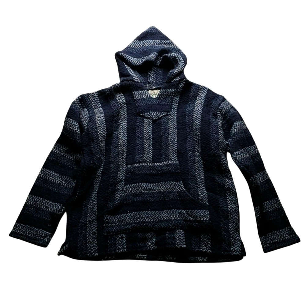Baja Joe Hoodie Mens Large Blue Striped Knit Pullover Kangaroo Pocket Poncho
